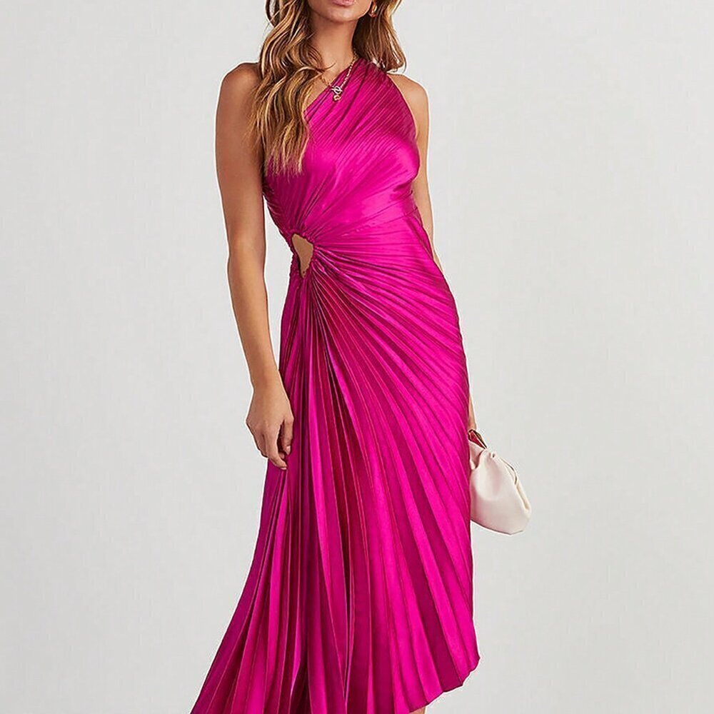 Hot Pink Women's One Shoulder Asymmetrical Hem Satin Cocktail Dress - Picture 2 of 5
